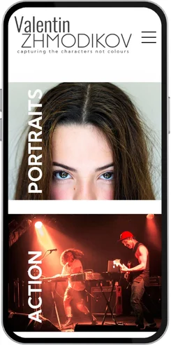 Valentin Zhmodikov mobile site, with Portraits and Action as the two categories.