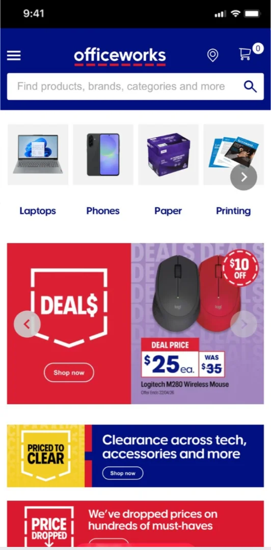 Officeworks mobile shop home, with shortcuts for laptops, phones, paper, and printing, plus a deals banner.